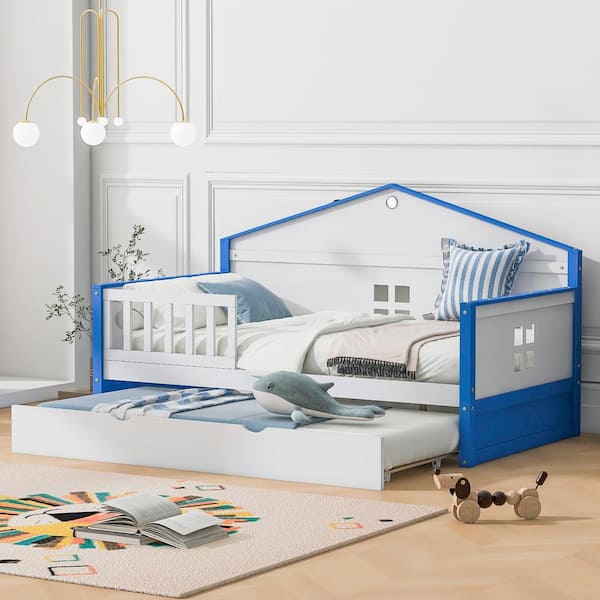 Harper & Bright Designs Blue Twin Size Wood House-shaped Daybed with a Sensor Light and Trundle