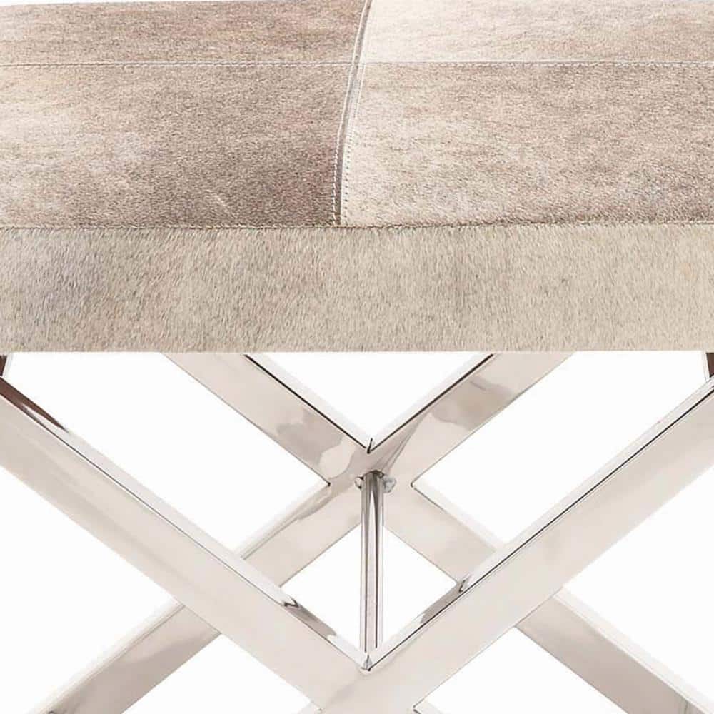 Gray Hair on Hide Leather and Stainless Steel X-Base Stool