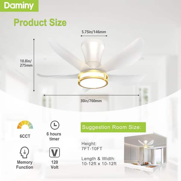 30 in. Indoor White 5-Blade Ceiling Fan with Light, Modern Ceiling Fan with Remote for Bedroom Ceiling Fan