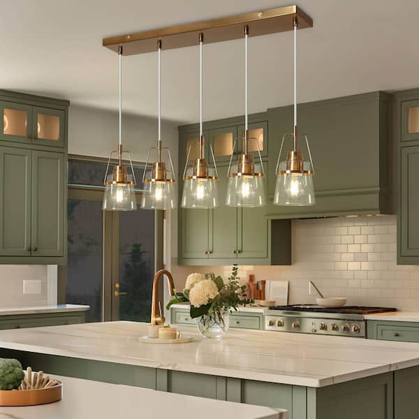 LNC Mid-Century Modern 29.7 in. 5-Light Chandelier Plated Brass Ceiling Light with Bell Clear Glass Shade