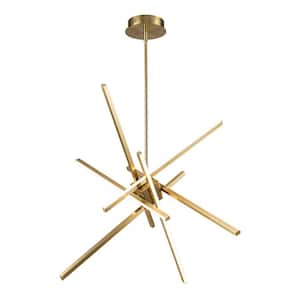 40-Watt 6-Light Dimmable Integrated LED Aged Brass Sputnik, Tubed Linear, Cylinder Chandelier for Dining Room