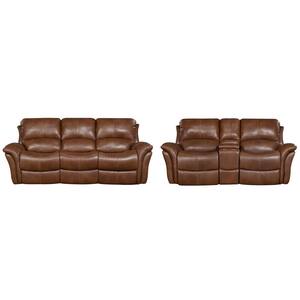 Yellowstone 2-Piece Golden Brown 100% Genuine Leather Set with Double-Reclining Sofa and Gliding Console Loveseat