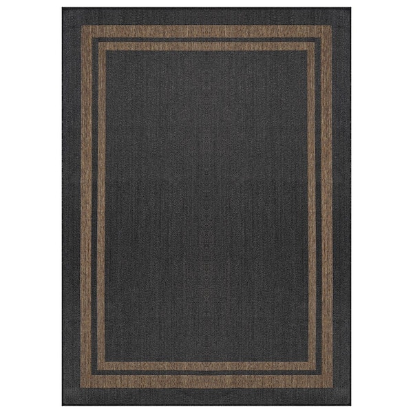 Border Dark Gray/Natural Easy-Care Jute-Style Indoor/Outdoor Flat Woven Area Rug 5 ft. x 7 ft. Dark Gray