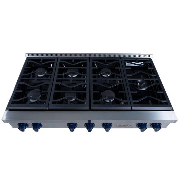 Randolph Pro 48 in. Natural Gas Cooktop in Stainless Steel with 7-German Made Burners, LED Blue Knobs, Cast Iron Grates