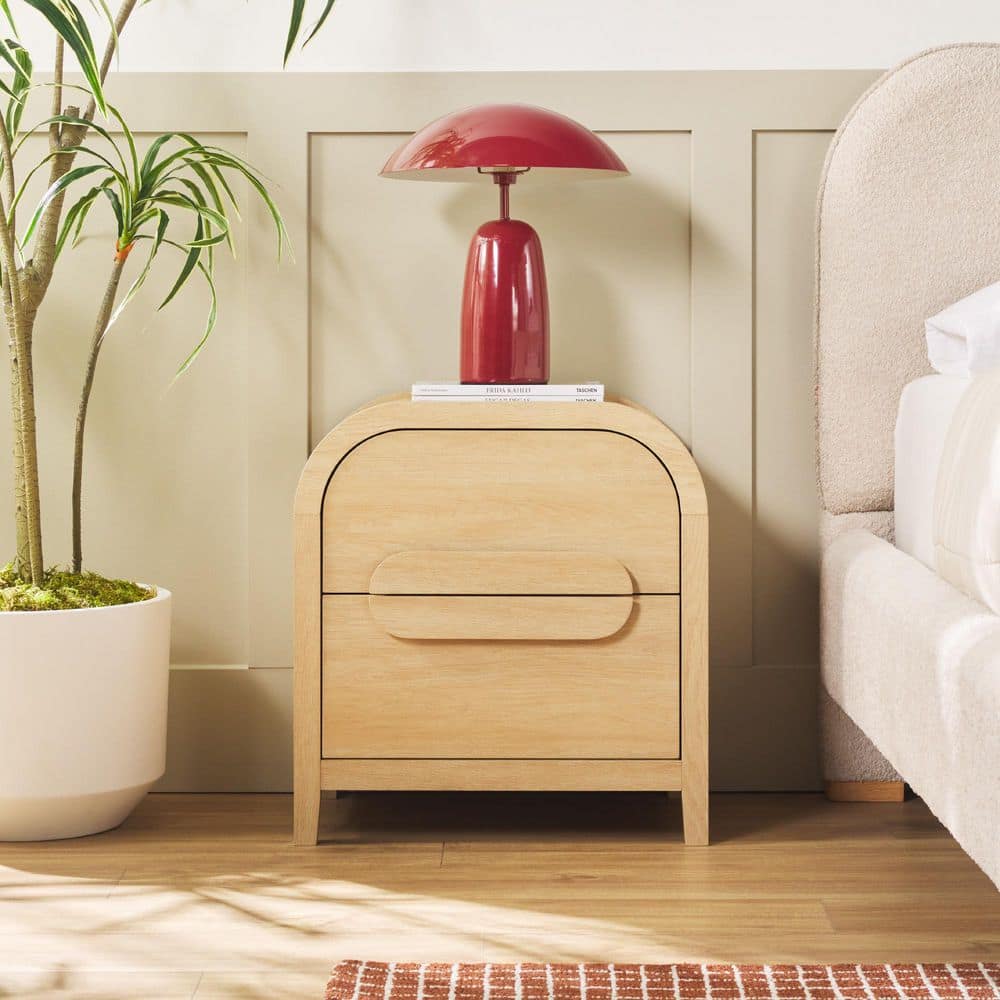 Chantelle Coastal Oak Modern Curved Wood 2 Drawer 24 in. W Nightstand