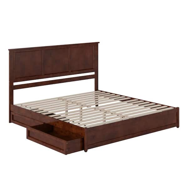 Felicity Walnut Brown Solid Wood Frame King Platform Bed with Panel Footboard and Storage Drawers