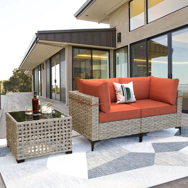 XIZZI Apollo 3-Piece Wicker Outdoor Patio Conversation Seating Set with Orange Red Cushions