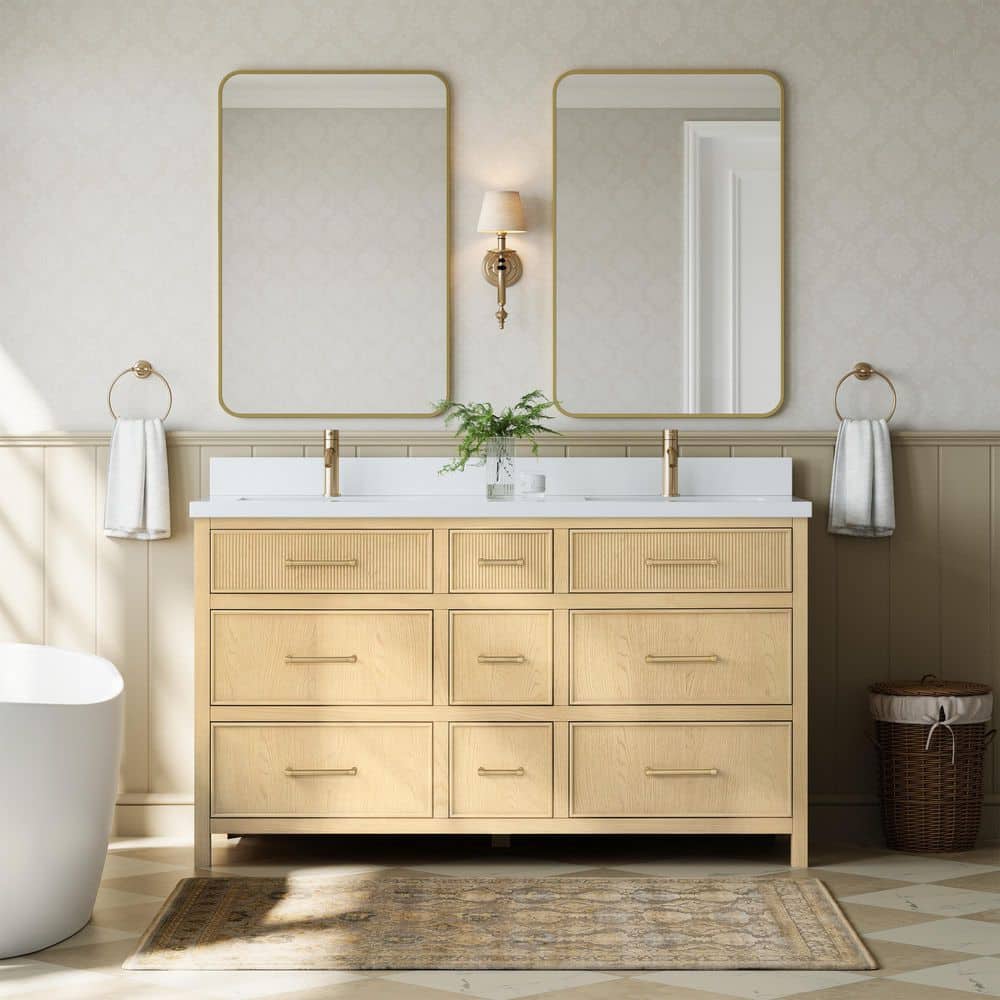 Isola 60 in. Double Freestanding Scandinavian Oak with Satin Bronze Trim Bath Vanity with White Quartz Top price history on PriceWatchPro