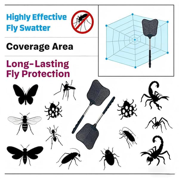 Plastic Telescopic Fly Swatter with Stainless Steel Handle and Heavy Duty Design for Indoor Outdoor Use (2-Pack)