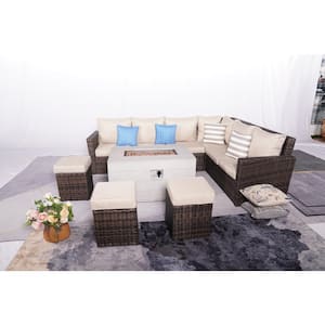 Fort 8-Pieces Rock and Fiberglass Fire Pit Table with Brown Wicker Conversation Set with Beige Cushions