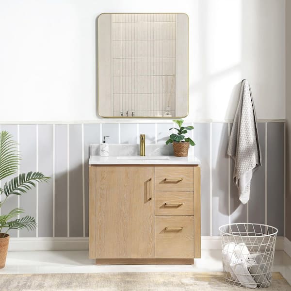 ROSWELL San 36 in.W x 22 in.D x 33.8 in.H Single Sink Bath Vanity in Washed Ash Grey with White Composite Stone Top and Mirror