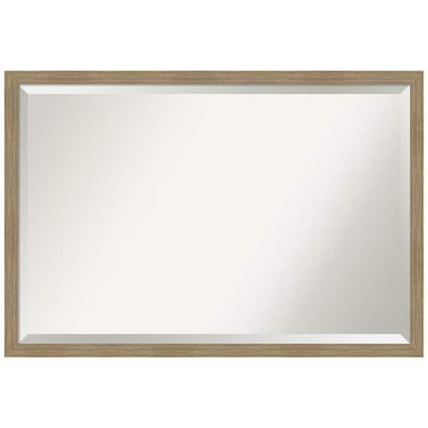 Amanti Art Woodgrain Stripe 38 in. x 26 in. Beveled Casual Rectangle Wood Framed Bathroom Wall Mirror in Brown