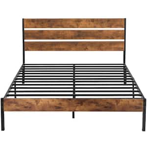 Full Size Metal Platform Bed with Modern Wood Headboard and Footboard, Easy Assembly/No-Slip/No Noise，55.8"W，Brown