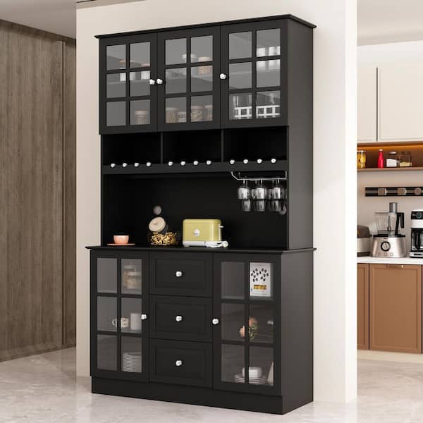 FUFU&GAGA Black Wooden 47.2 in. Width Sideboard, Wine Cabinet, Foodpantry with Adjuastable Shelves, Glass Doors, 3 Drawers