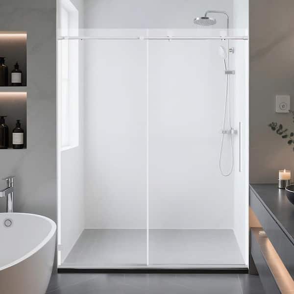 56-60" W x 74" H Frameless Single Sliding Shower Door in Brushed Nickel with 5/16" Clear Glass Tempered Soft-Close Door