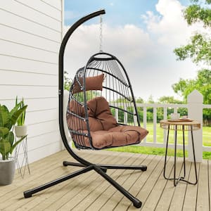 Brown Wicker Egg-Shaped Patio Swing Outdoor Lounge Chair with Cushion