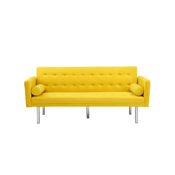 Spaco 68.5 in. W Yellow Velvet Upholstered Twin Convertible Folding Futon Sofa Bed with 2-Same Color Long Pillows