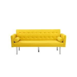 68.5 in Wide Square Arm Modern Velvet Accent Straight Sleeper Sofa With Metal Silver Leg For Living Room in Yellow