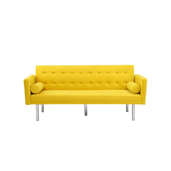Westsky 68.5 in Wide Square Arm Modern Velvet Accent Straight Sleeper Sofa With Metal Silver Leg For Living Room in Yellow