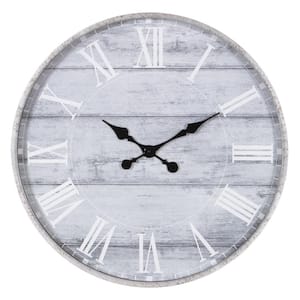 28 in. Galvanized Metal Gray Washed Wood Plank Roman Numeral Round Wall Clock