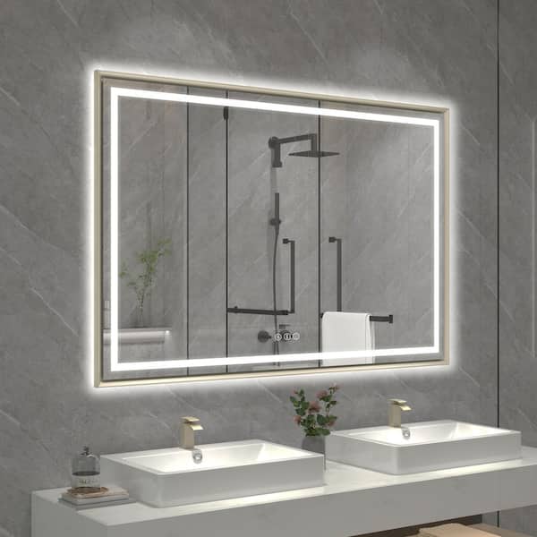 Hpeytaire 48 in. W x 32 in. H Rectangular Aluminum Slope Framed Super Bright Wall Mounted LED Bathroom Vanity Mirror in Champ Gold