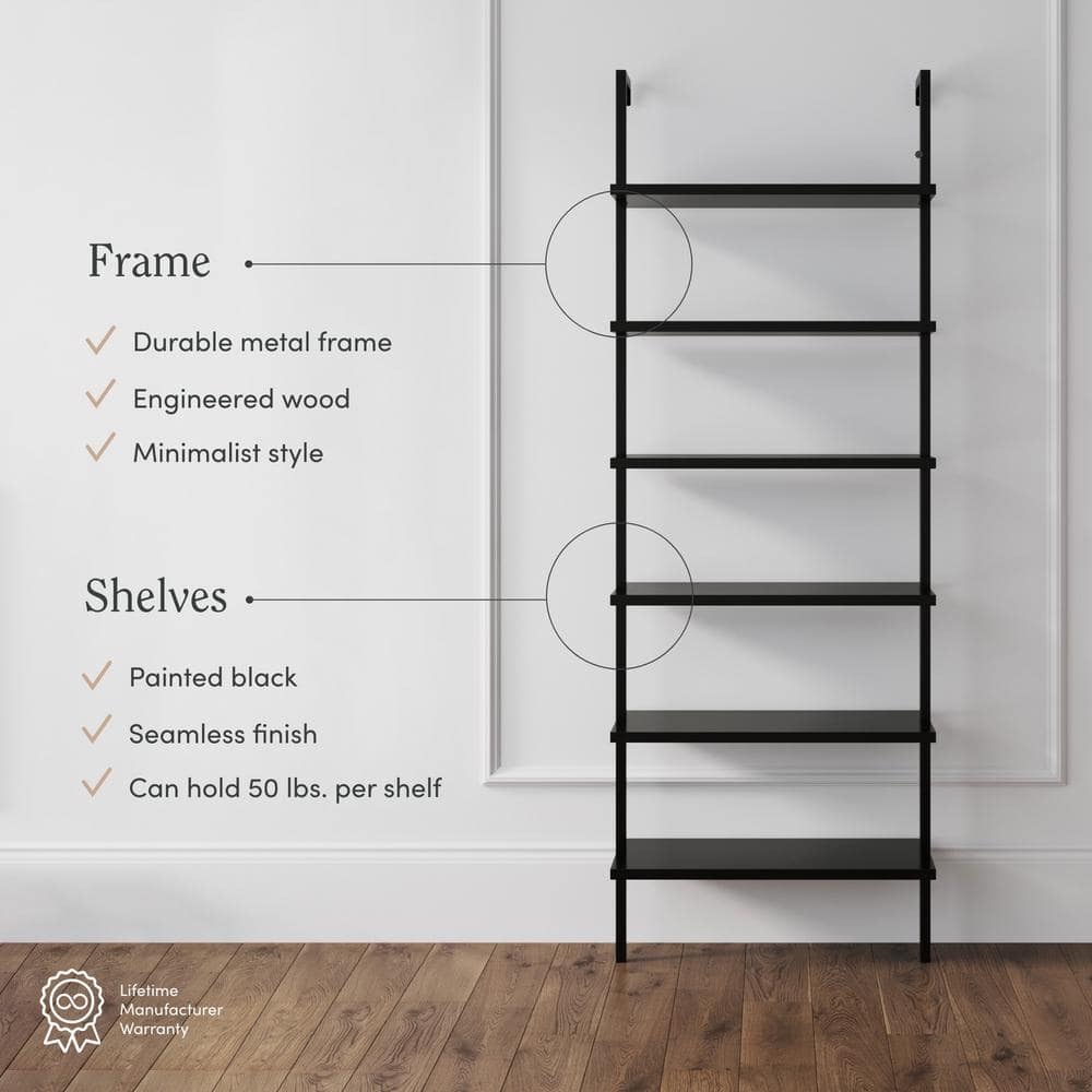Theo Matte Black 6-Shelf Wood Ladder Bookcase