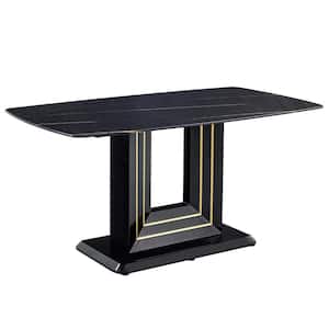 Modern Rectangle Black Faux Marble 32.28 in.Pedestal Dining Table Seats for 6
