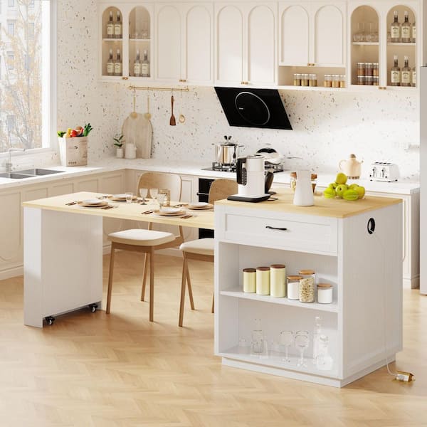 Ximuprmy White Wood 82 in. Kitchen Island with Extendable Dining Table, 2-Power Outlet and 2-Side Open Shelves for Kitchen Room