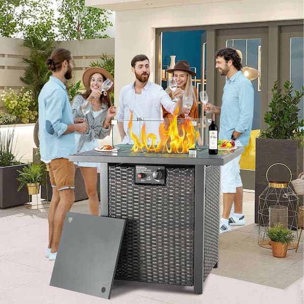 Runesay Brown 28 in. Propane Fire Pit Table 50000 BTU Gas Firepits Tempered Glass Tabletop with Glass Windscreen Protector