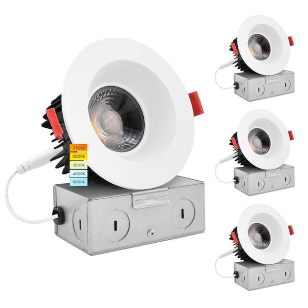 LUXRITE 4" LED Recessed Light J-Box 15W 5 Color Selectable 1100 Lumens Dimmable Wet Rated Smooth Trim 4 Pack