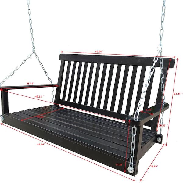 Front Porch Swing with Armrests, Wood Bench Swing with Hanging Chains, for Outdoor Patio, Garden in black
