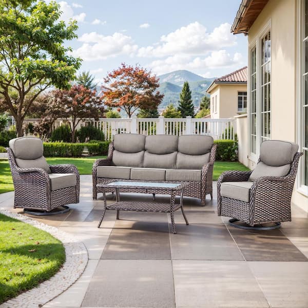 Bellefurn NovaSwivel Brown 4-Piece Patio Conversation Set Outdoor Sofa Set With 6 in. Thick Gray Cushions and Swivel Glider