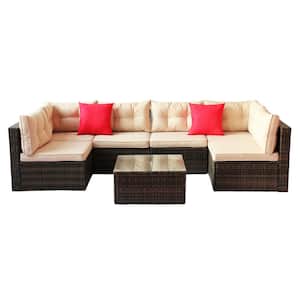 7-Pieces Outdoor Patio Conversation Set with Shallow Brown Cushions and Table, Wicker Sofa for Porch and Garden,Poolside