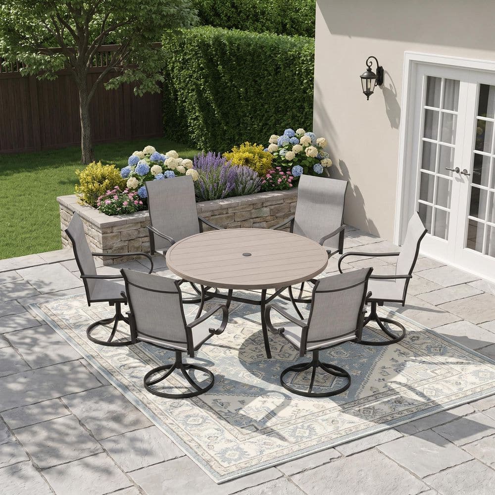 7-Piece Metal Outdoor Dining Set with 53 in. Gray Wood-Like Round Table and 6 Gray 360° Swivel Textilene Dining Chairs price history on PriceWatchPro