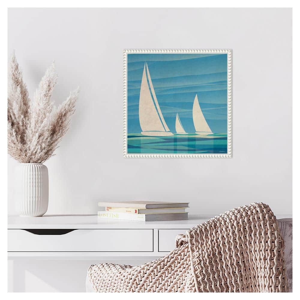 Teal Nautical Sailboat Canvas Print with Beaded Frame