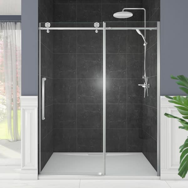 Sunny Shower Fully Frameless Sliding Shower Doors, 3/8 Clear Glass, 60 W  x 72 H Shower Enclosure, Brushed Stainless Steel 