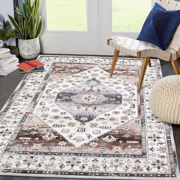 Vintage Carpet Dark Wine Red 5X7ft Machine Washable Printed Deferred Short Pile Non-slip Rug Soft Foldable Indoor Rug