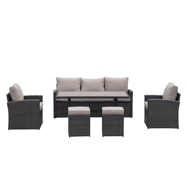 Willit 6-Piece Wicker Patio Conversation Set with Brown Cushions and Ottoman