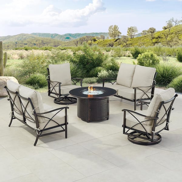 Oakland Living Black Aluminum Fire Table Set with 2-Loveseats and 2-Club Chairs