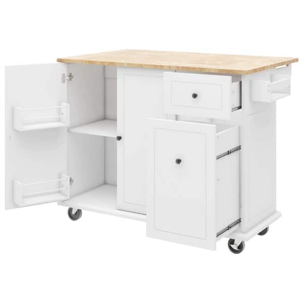 Unbranded White Natural Wood Kitchen Cart  with Internal Storage Shelves and Pull-Out Cabinet Organizers