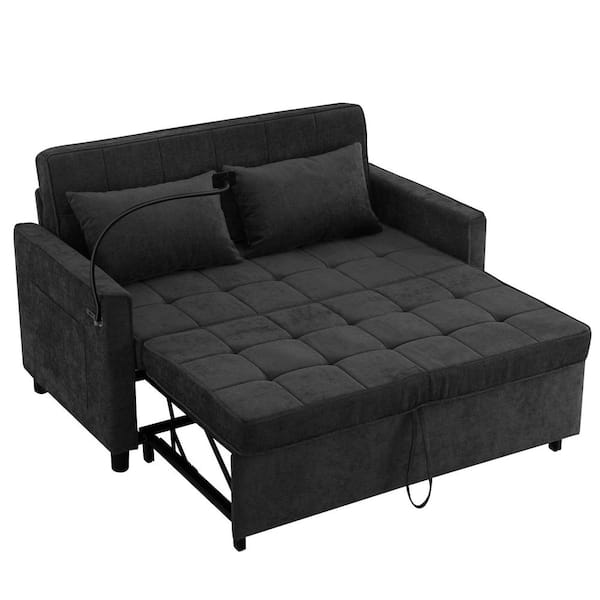 56.9 in. Square Arm Chenille Rectangle Sofa with Sofa Bed, USB Ports, Pockets and Reversible Design in Black (Seats 2)
