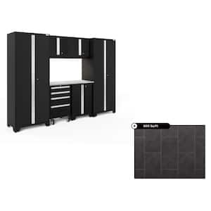 Bold Series 108 in. W x 76.75 in. H x 18 in. D Steel Cabinet Set in Black ( 7- Piece ) with 600 sqft Flooring Bundle