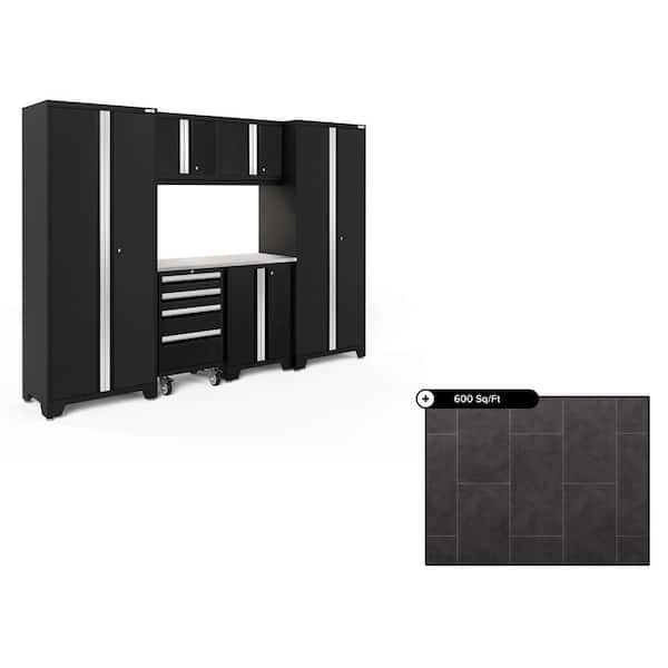 NewAge Products Bold Series 108 in. W x 76.75 in. H x 18 in. D Steel Cabinet Set in Black ( 7- Piece ) with 600 sqft Flooring Bundle