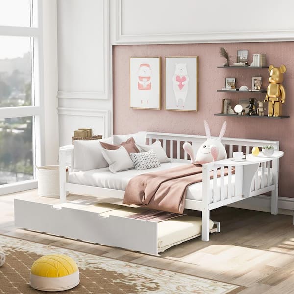 URTR White Twin Daybed with Trundle, Extendable Daybed Twin to King with Two Drawers, Wooden Sofa Bed Frame for Living Room