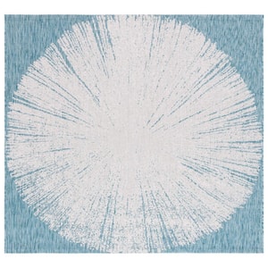 Courtyard Beige/Aqua 7 ft. x 7 ft. Floral Abstract Indoor/Outdoor Square Area Rug