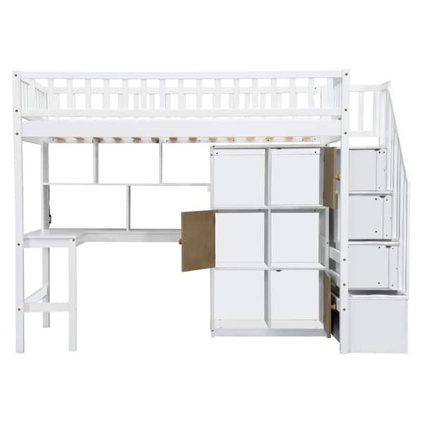 White Twin Loft Bunk Bed with Built-in Desk, LED Light, Storage Shelves and Staircase