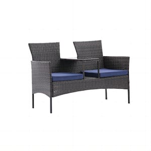 Brown Wicker Outdoor Loveseat with Table and Blue Cushions