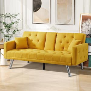 75.59 in. Yellow Linen Twin Size Sofa Bed Convertible Futon Couch Loveseat with Cup Holders, Pillow for Apartment