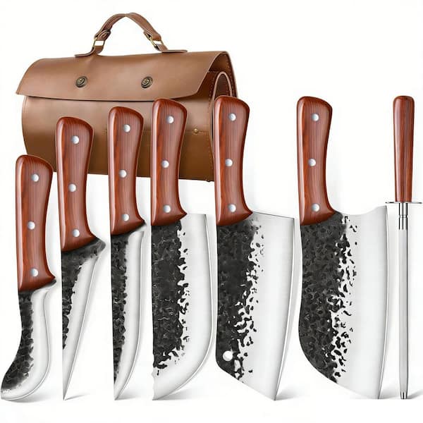 8-Piece Stainless Steel Knife Set with Roll Bag, Hand Forged Knives Set for Home, Outdoor Cooking, Camping BBQ