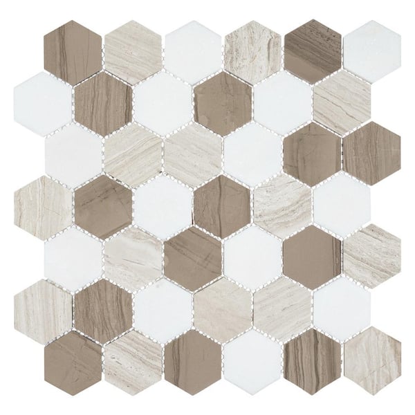 Channing Baskit Brown 2 in.x 2 in. Hex Honeycomb Marble Gloss Natural Stone Wall and Floor Mosaic Tile (4.85sq.ft./Case)
